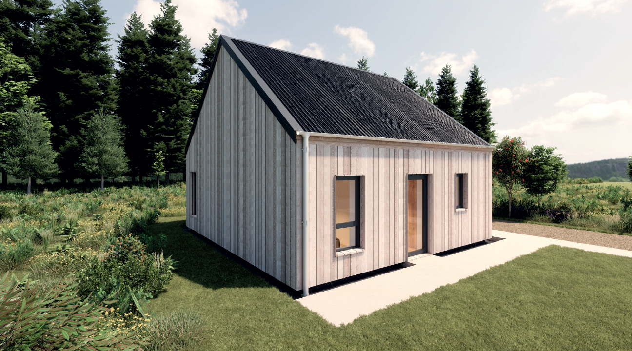 A compact MAKAR bothy home with natural larch cladding black roof, and several windows, situated in a lush green landscape with trees and grass.