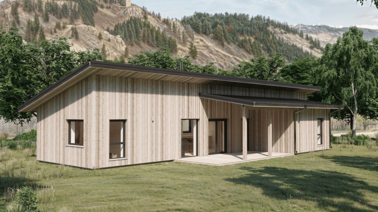 A modern MAKAR house with larch cladding, multiple windows for light, and a small covered porch, set in a grassy area with trees and mountains in the background.
