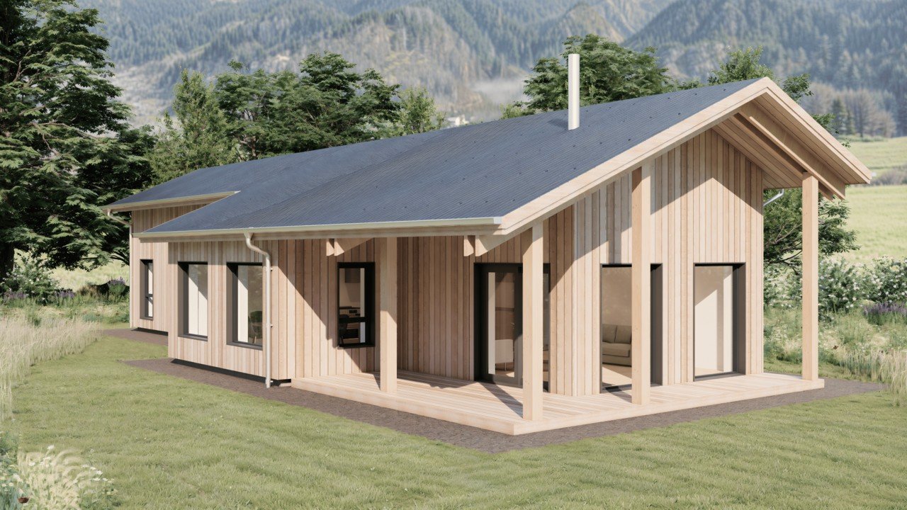A modern timber MAKAR home with a sloped roof and large windows, surrounded by green grass and trees, with mountains in the background.