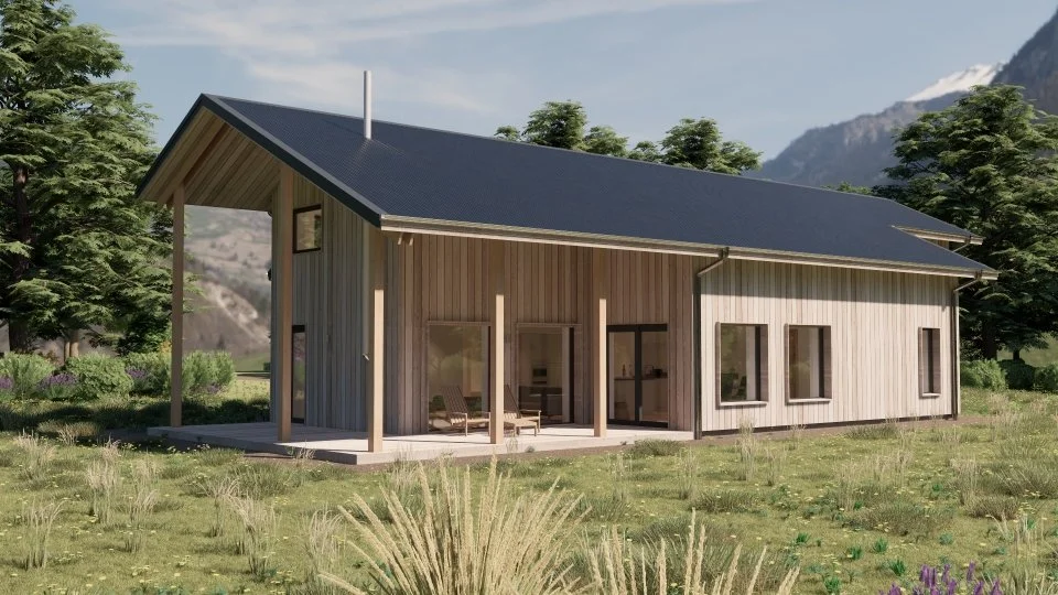 A modern timber MAKAR home with a dark sloped roof in a lush green landscape surrounded by trees and mountains.