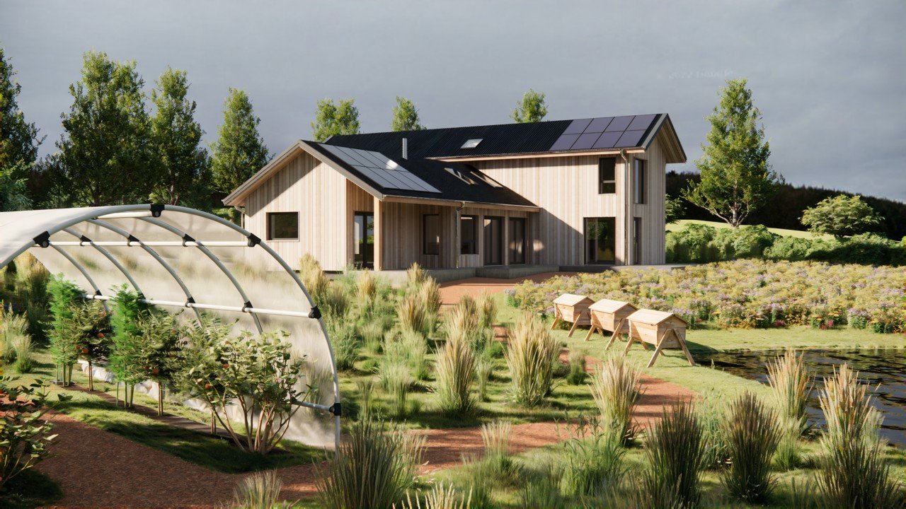 Modern two-story 5 bedroom house with solar panels on the roof, surrounded by a lush garden with a small pond, a greenhouse, and trees in the background.