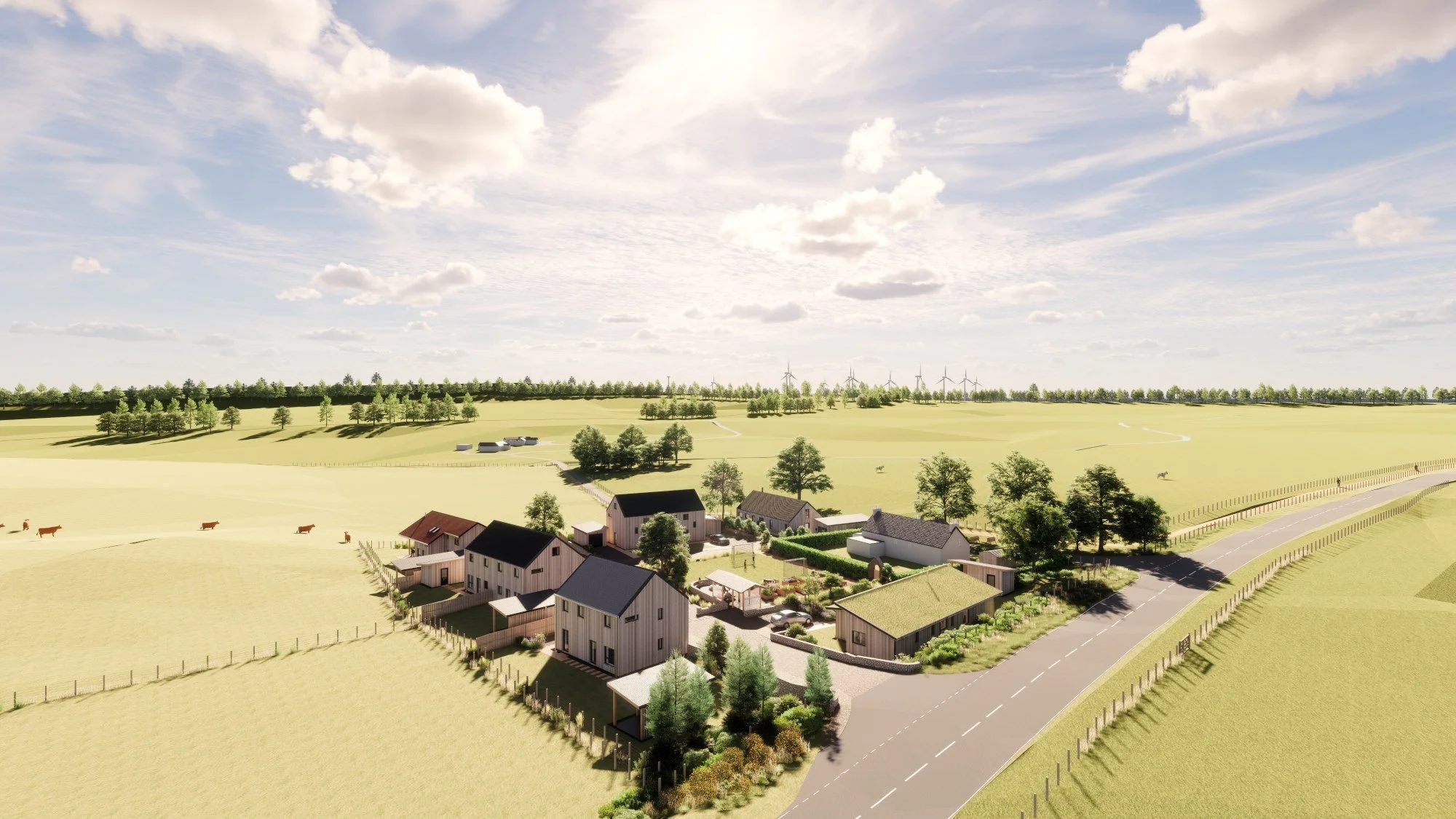 A sustainable rural community and housing development designed by MAKAR, with several modern timber houses surrounded by green fields, trees, and farms, under a partly cloudy sky.