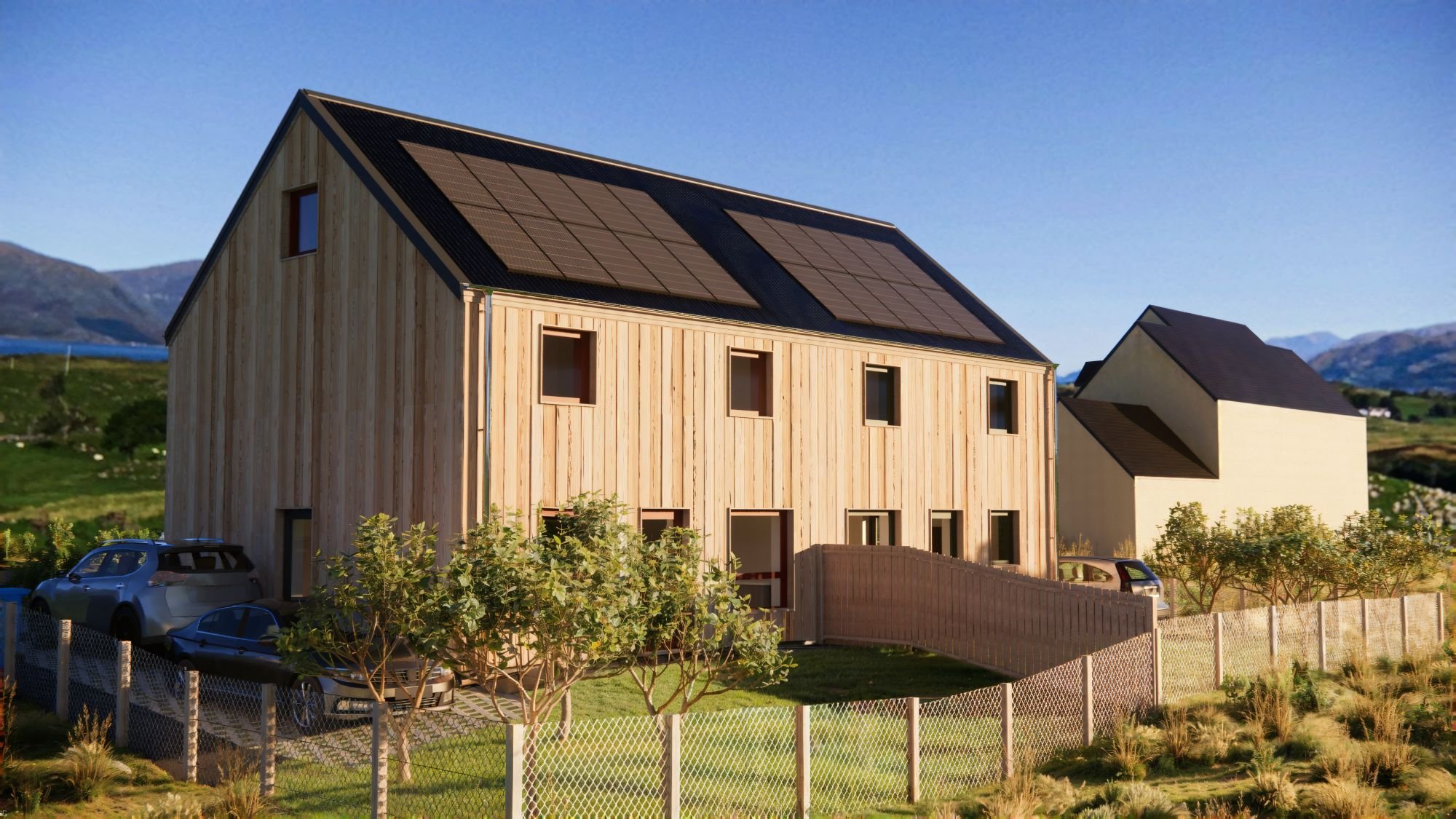 Modern timber affordable and sustainable semi-detached houses, built by MAKAR, with solar panels on the roof, surrounded by a lush landscape and neighbouring houses, under a clear blue sky. Called the Paradigm house.