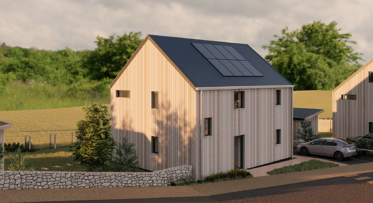 A modern MAKAR home design from the back, with a sloped roof fitted with solar panels, situated in a suburban neighbourhood with greenery in the background.