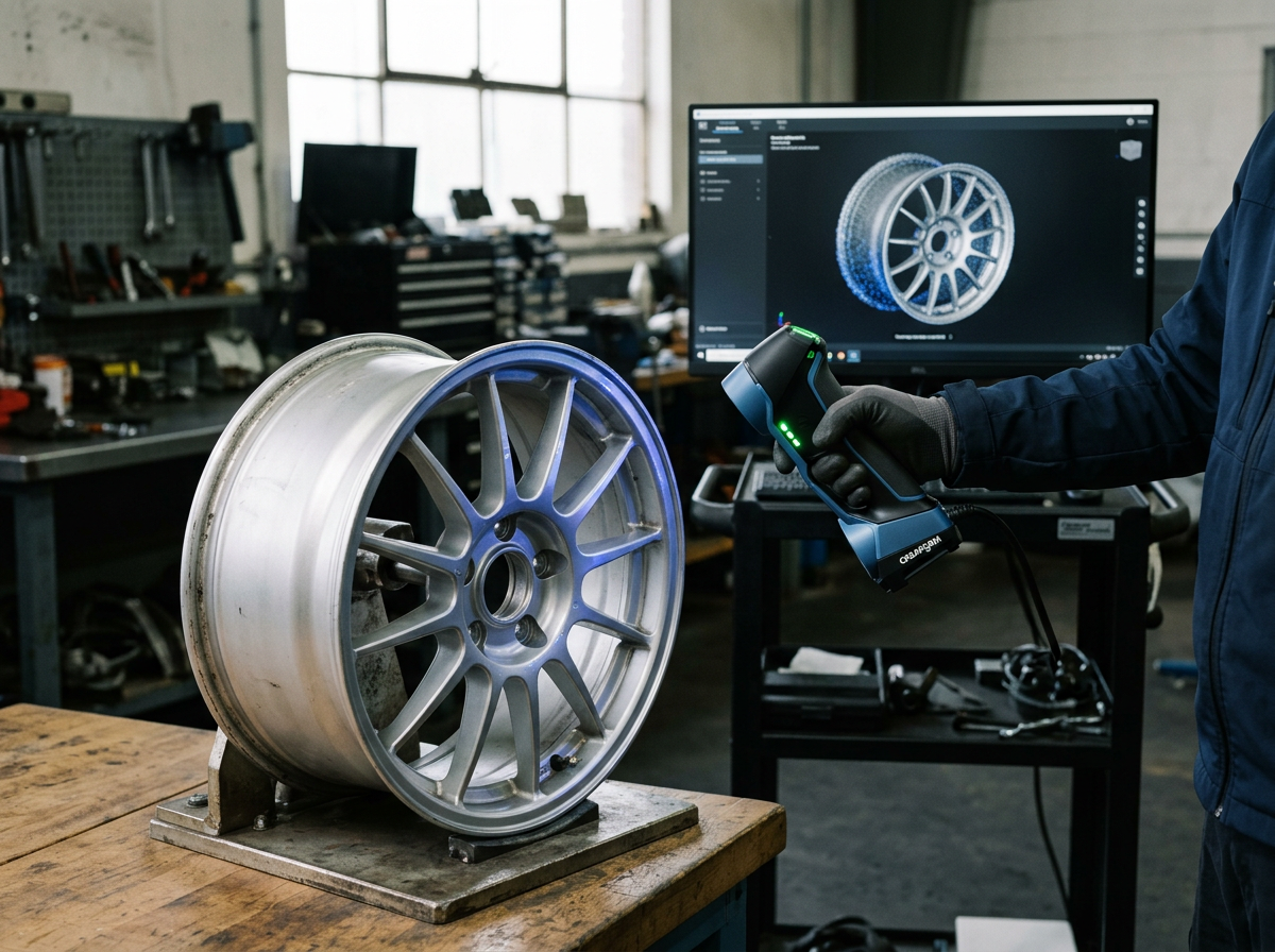 A person inspecting a car wheel using a handheld 3D scanner in a workshop, with a computer monitor displaying a 3D model of the wheel in the background.