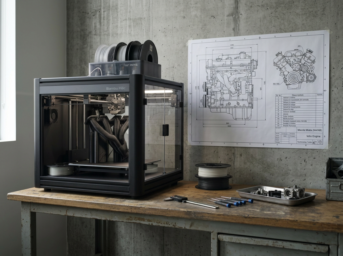 A 3D printer on a workbench in a workshop, with spools of filament on top, technical drawing on the wall, and various tools and metal parts on the table.