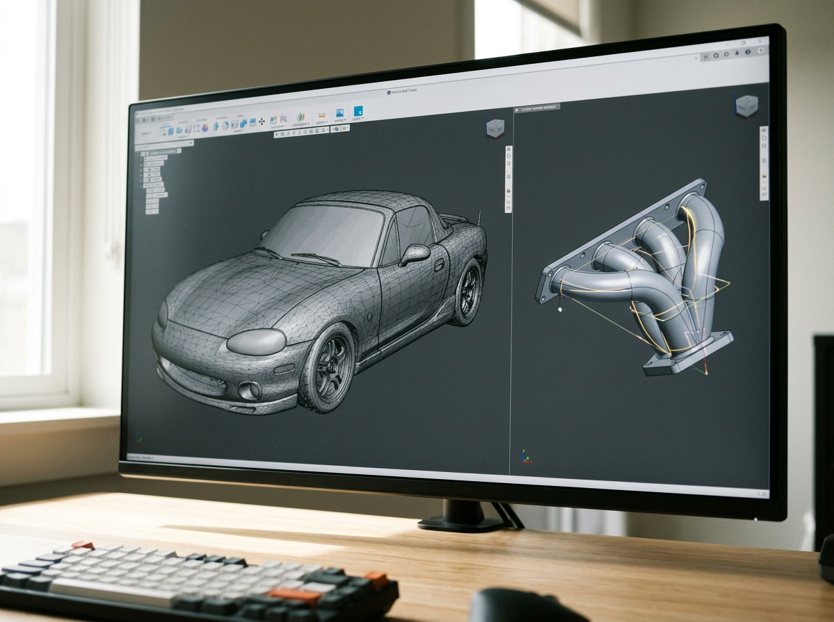 Computer monitor displaying 3D CAD design of a sports car and an exhaust system.