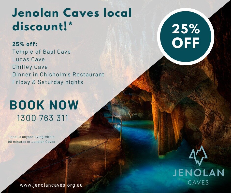 Calling all locals of Jenolan!

If you live within 90 minutes of Jenolan Caves, you can get 25% off the Temple of Baal Cave , Lucas Cave and the Chifley Cave!

Along with 25% off dinner in Chisholm's Restaurant on a Friday and Saturday night.

Call u