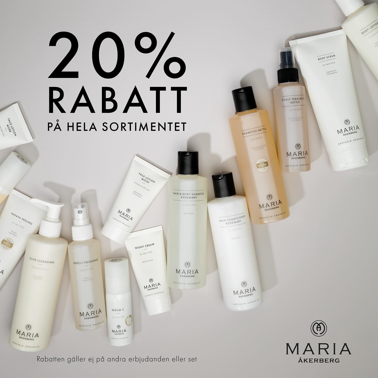 20% P&Aring; HELA SORTIMENTET FR&Aring;N MARIA &Aring;KERBERG. Passa p&aring; att kika igenom badrumssk&aring;pet om n&aring;got beh&ouml;vs fyllas p&aring; efter sommaren. Eller passa p&aring; att testa det d&auml;r lipglosset eller blush:en du fund