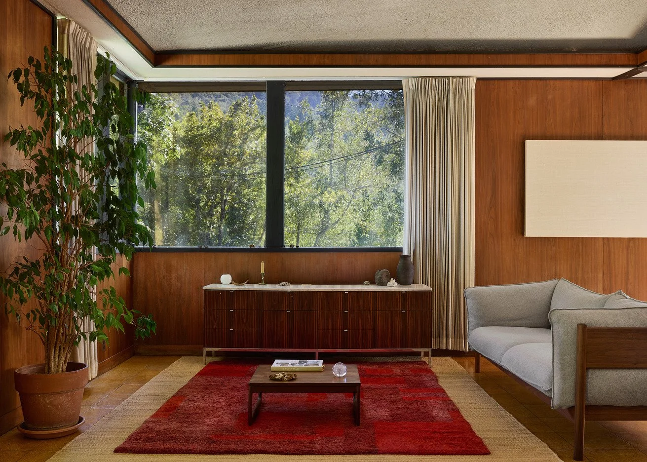 Mid century retro lounge with garden views