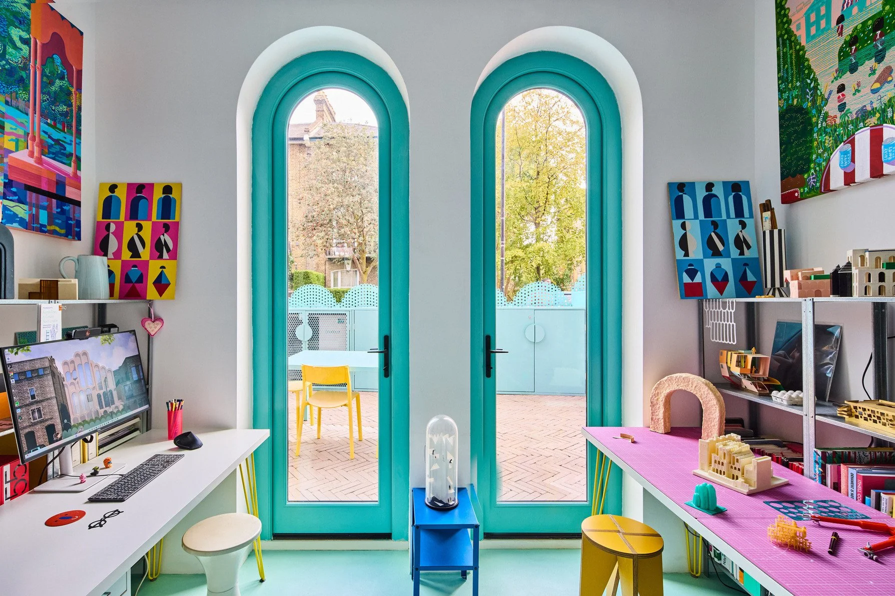 london-pink-wes-anderson-style-colourful-house-roof-terrace-filming-photoshoots-green-arched-windows.jpg