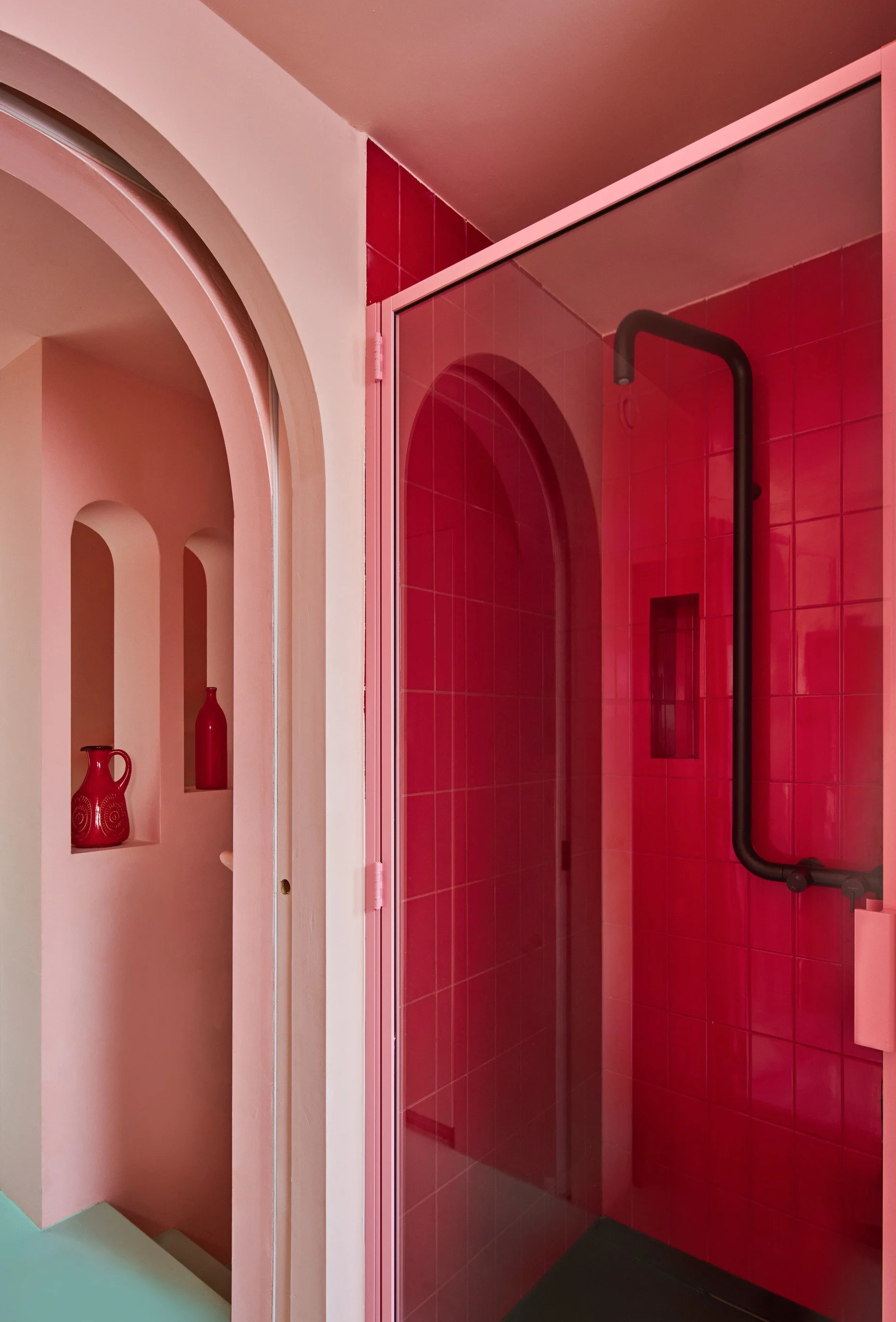 london-pink-wes-anderson-style-colourful-house-roof-terrace-filming-photoshoots-red-tiled-shower.jpg