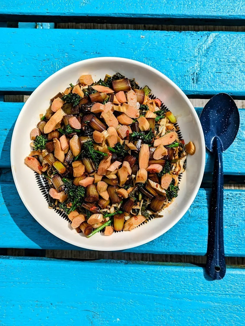 Charred Spring Garlic with Stir-fried Chard & Spicy Rhubarb Pickle