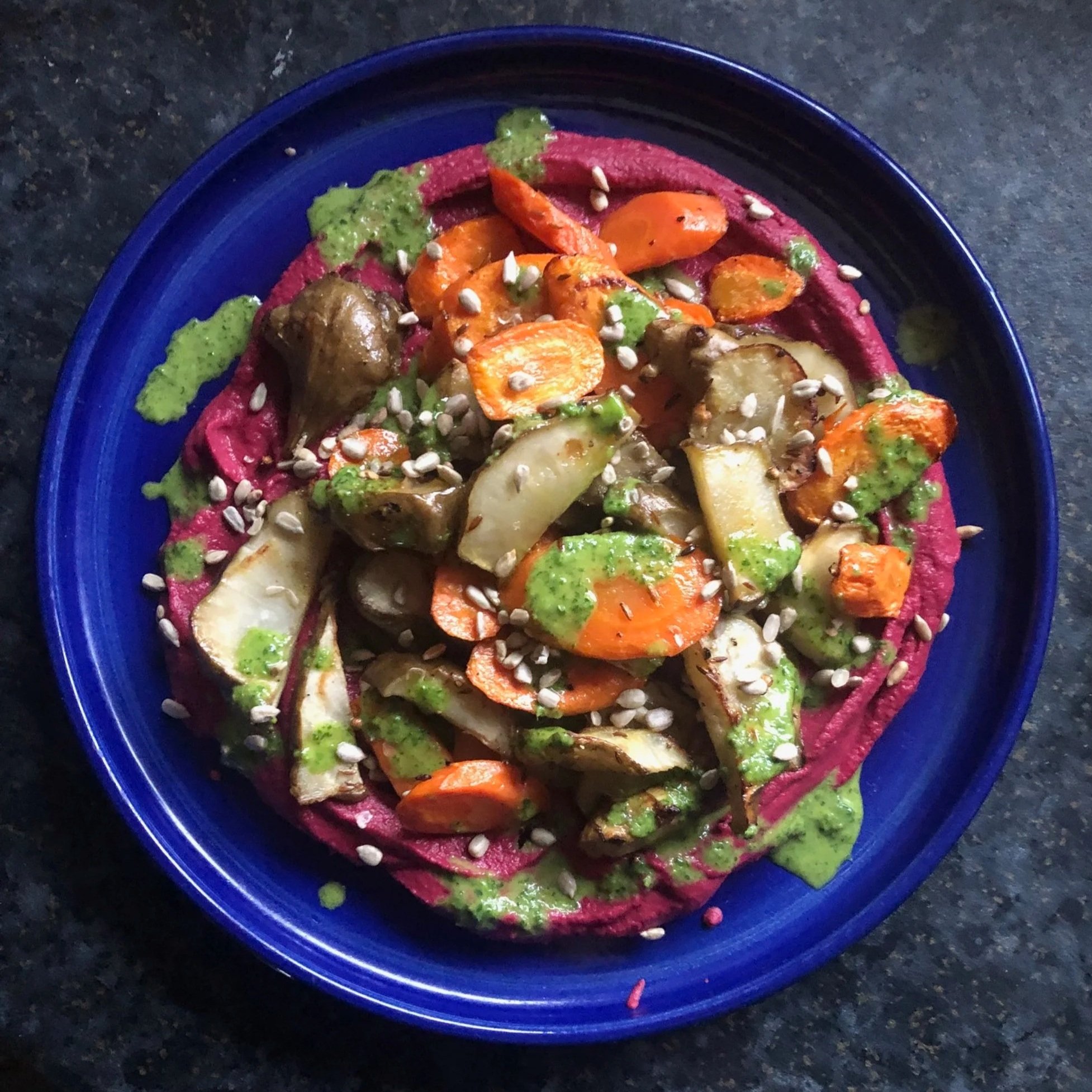 Roasted Jerusalem Artichoke on hummus