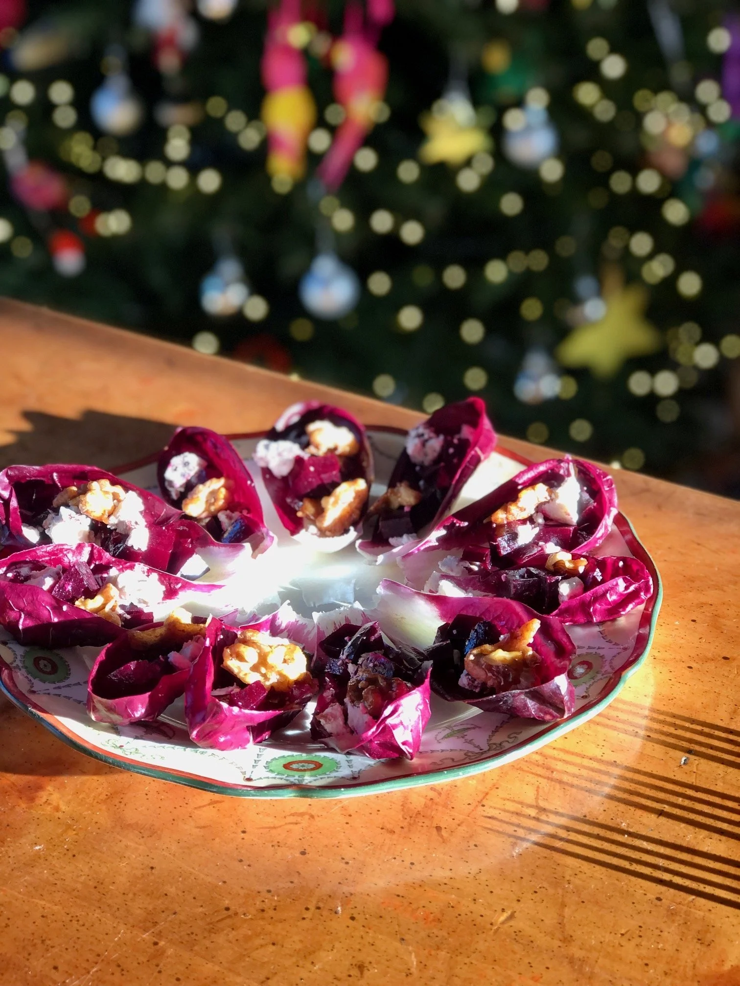 Radicchio boats with beetroot, goat’s cheese &amp; candied walnuts