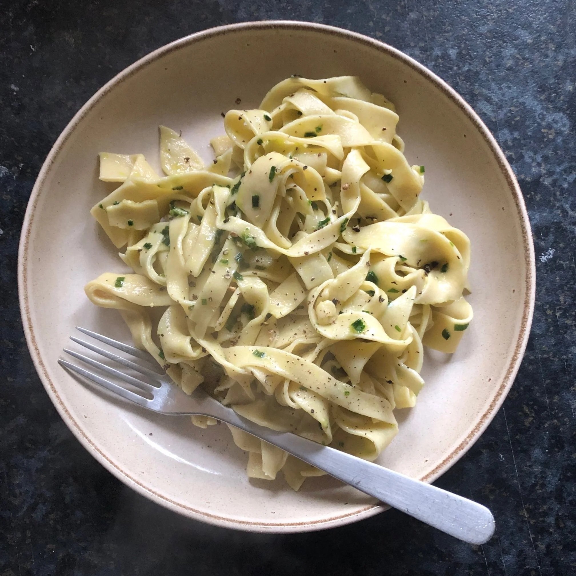 Homemade pasta with Three-Cornered Leek