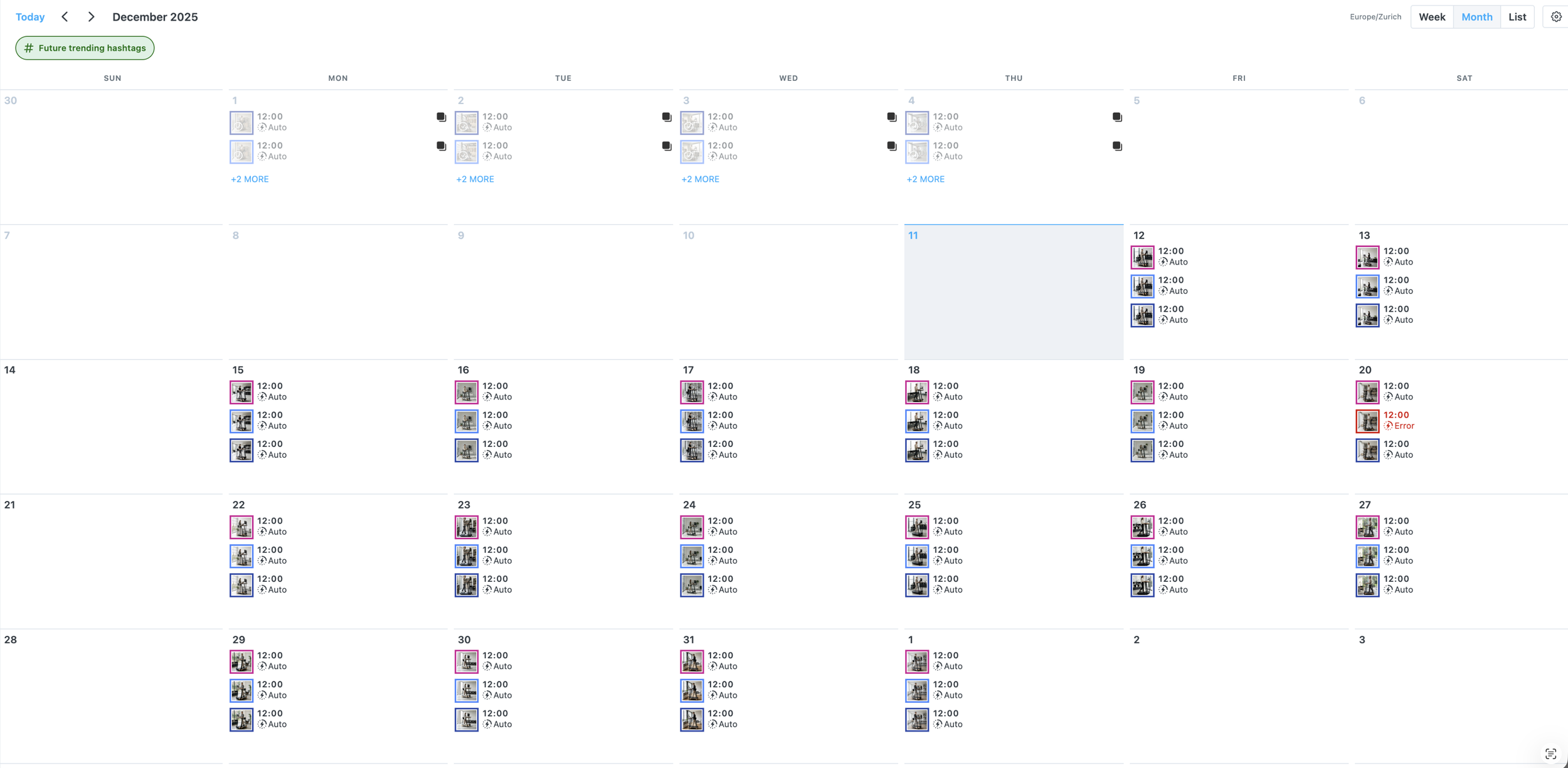 Social media scheduling dashboard showing a monthly calendar filled with automated posts, image thumbnails, and time slots, illustrating a structured content planning and automation workflow across multiple platforms.