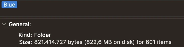 File information window showing a folder named Blue containing 601 items with a total size of 822.6 MB on disk, highlighting large scale organized content storage in a production workflow.