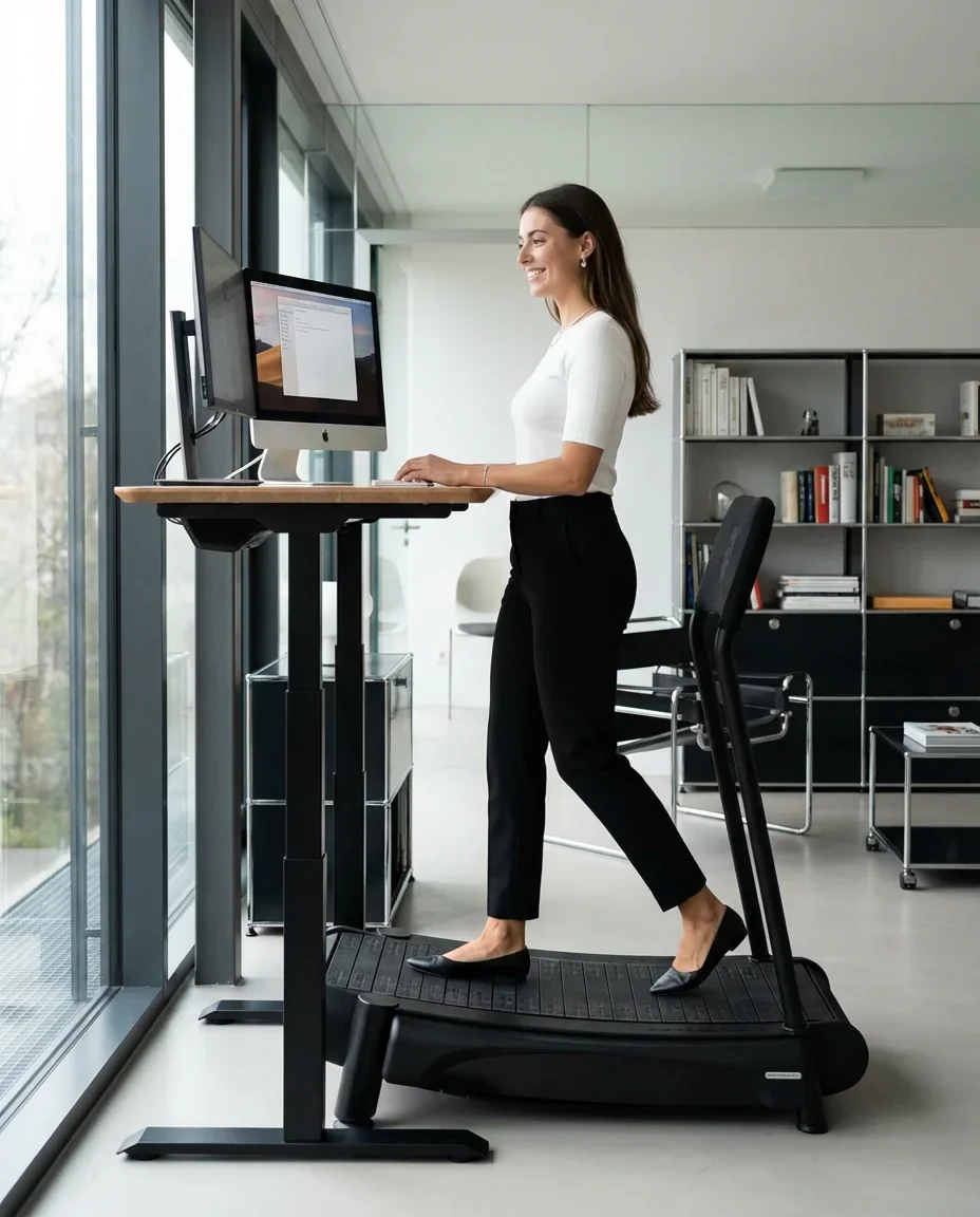 Woman walking on a manual treadmill desk while working at a standing desk with a desktop computer in a bright modern office, showing an active work setup with natural light and minimalist furniture.