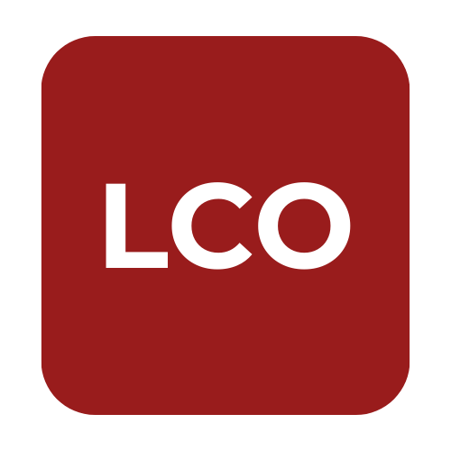 Logo avec le texte 'LCO' en blanc sur un fond rouge