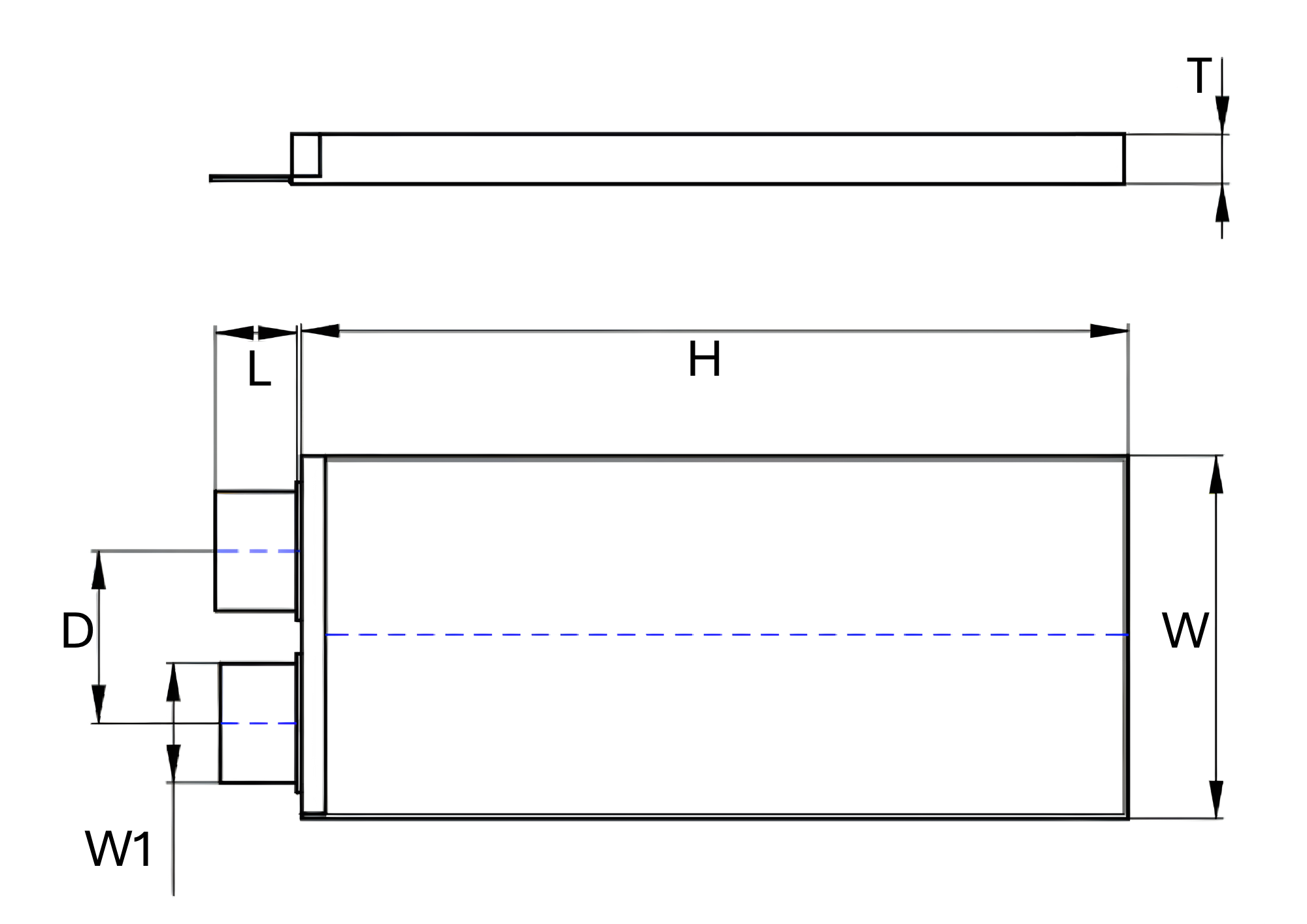 Plan technique d'un composant rectangulaire avec différentes dimensions marquées, vues de dessus et côté, comprenant des sections avec des annotations pour la longueur, largeur, épaisseur, et autres mesures.