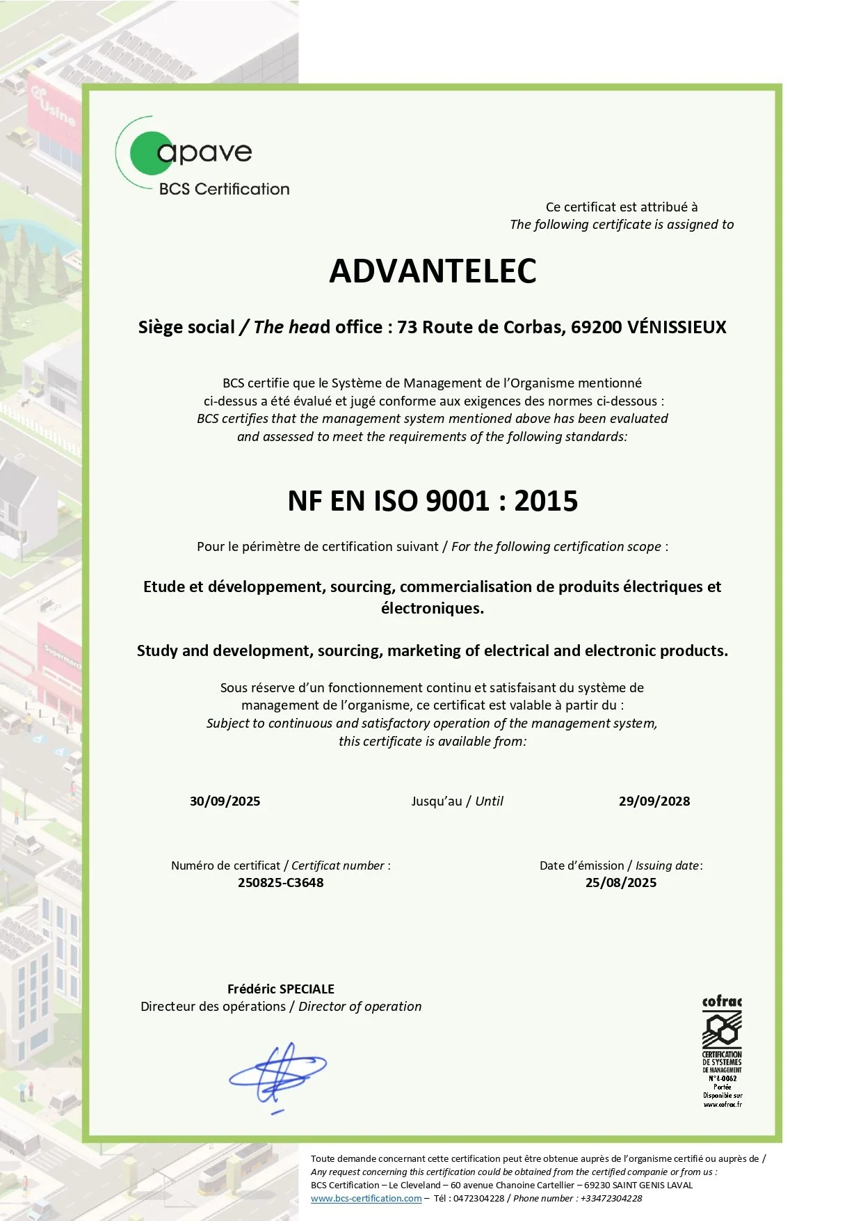 Certificat de conformité ISO 9001:2015 délivré à ADVANTELEC, situé à Vénissieux, attestant de leur système de gestion conforme aux normes. Détails sur la certification, dates de validité, et signature du directeur.