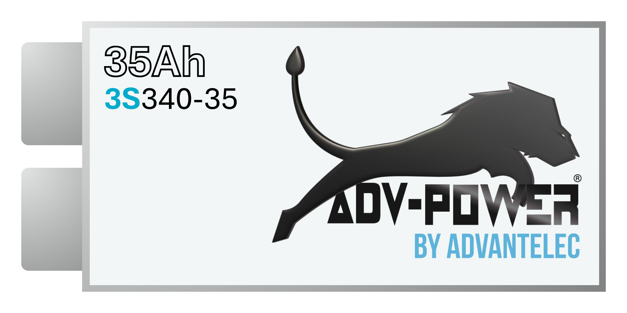 Étiquette de batterie au lithium : 35Ah, 3S 340-35, marque ADV-POWER par ADVANTELEC, logo d'un lion noir en position de course.