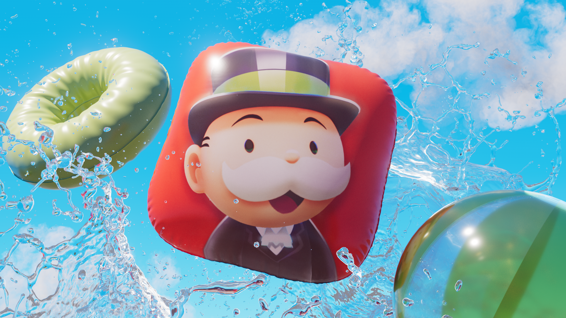 Inflatable balloons in the shape of a cartoon man with a mustache wearing a top hat floating on water with splashes and a blue sky in the background.