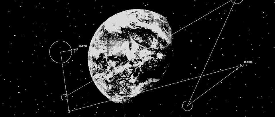 A digital illustration of the moon with lines and circles, resembling a space or astronomical chart, set against a black background with white stars.