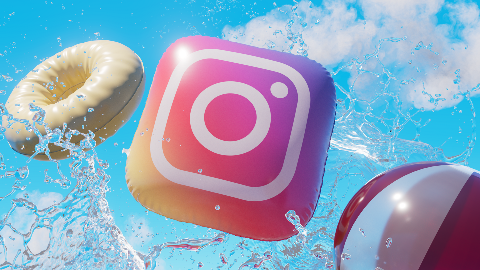 Floating inflatable pool toys with the Instagram logo on a purple square and a beige ring, splashing water on a bright blue sky background.