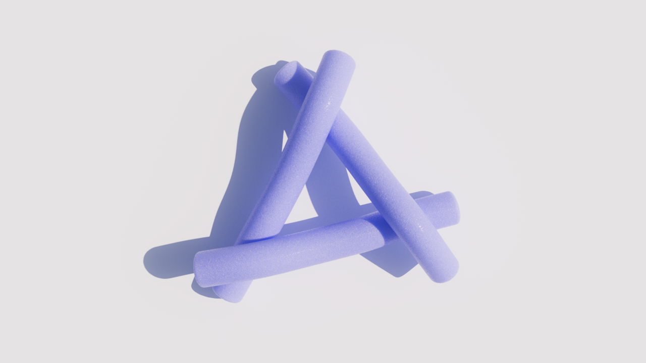 Three lavender-colored foam pool float noodles arranged to form a triangular shape on a white background.