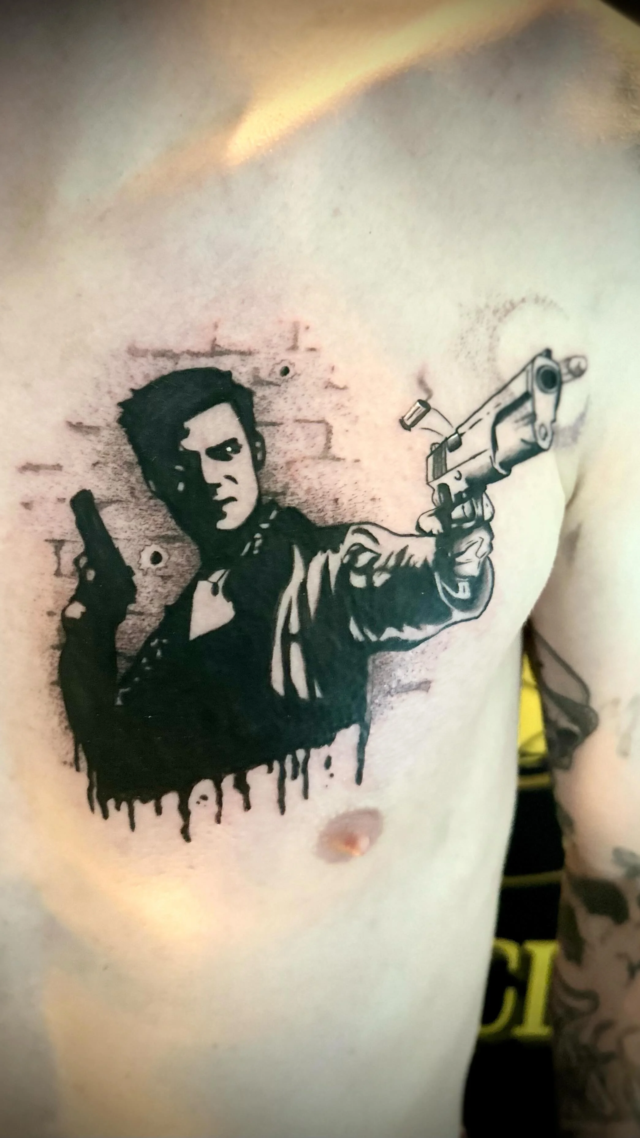 Max Payne for my bro @ondrassu 
Even though we haven’t got the first price, we made it to the stage π
It was a great experience on @tattfest, meeting great artists and we have enjoyed the whole thing π
We’ll be better next year π
M