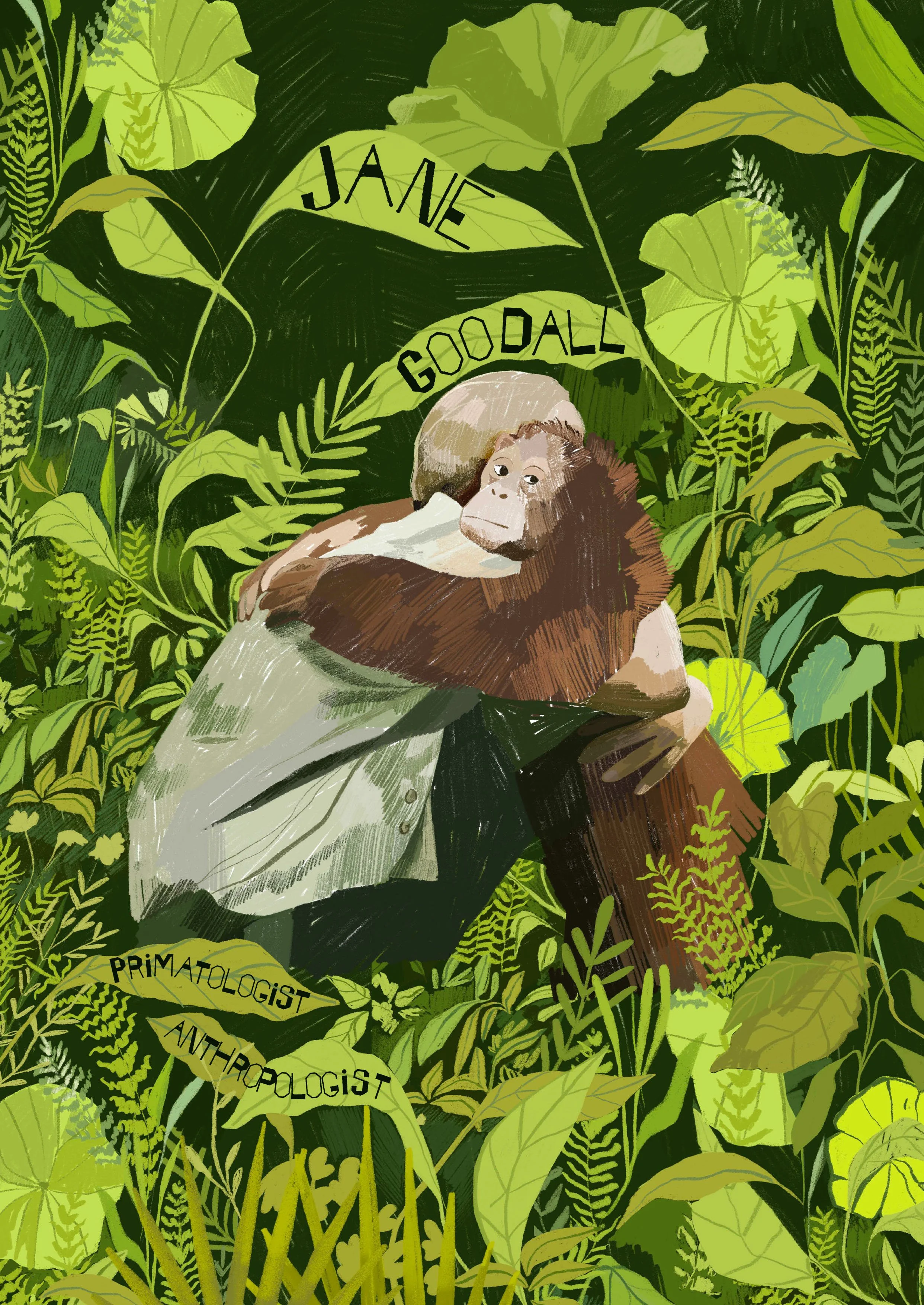 Jane Goodall (Primatologist/ Anthropologist) in the style of Maral Rahmanzadeh. Designed by Lasairíona Scarff.