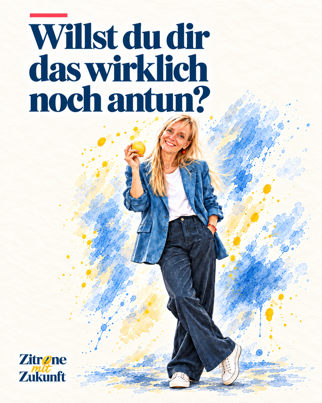 Illustration von Katharina Engelhardt im blauen Blazer mit einer Zitrone in der Hand.