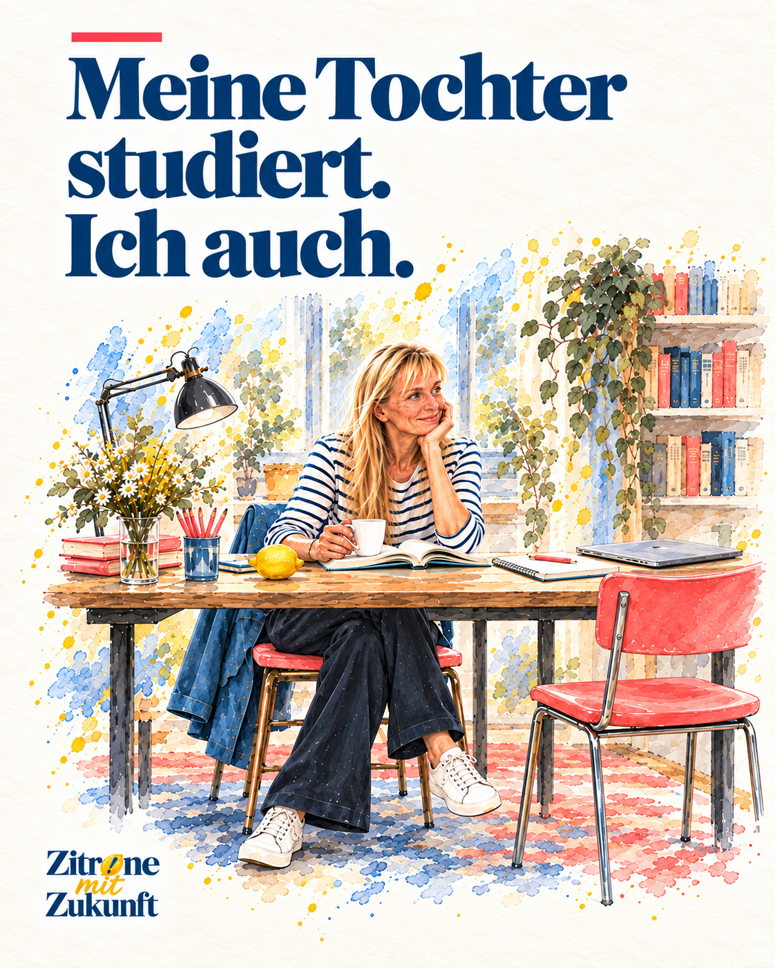 Illustration von Katharina Engelhardt mit Buch und Tasse am Schreibtisch.