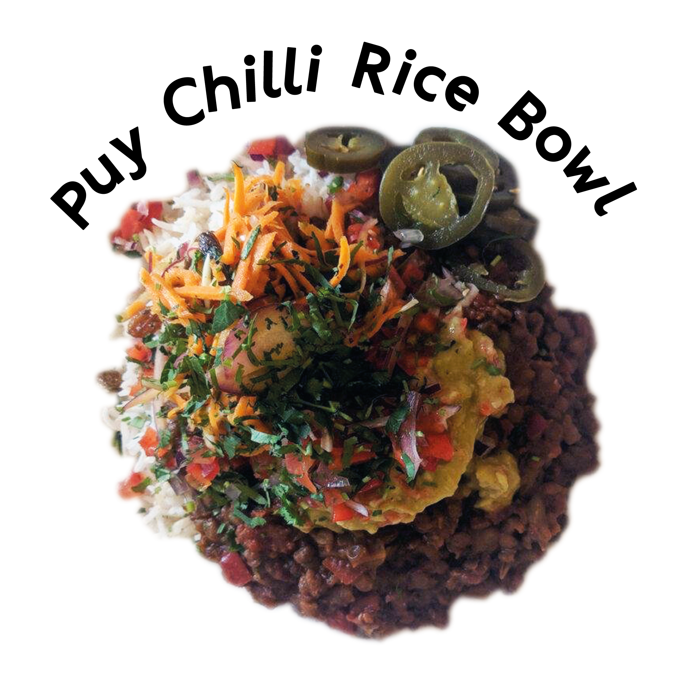 Puy Lentil Chilli Rice Bowl and toppings