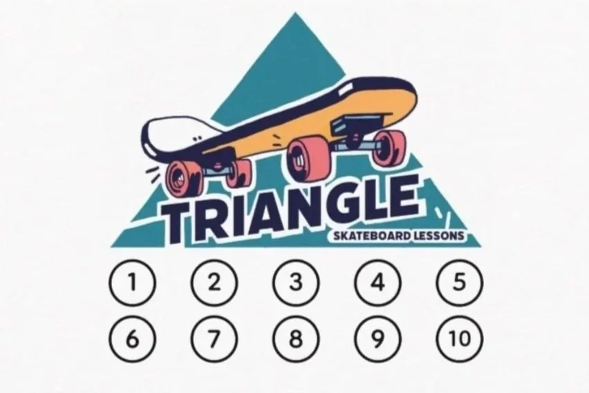 Logo for Triangle Skateboard Lessons featuring a skateboard above a large blue triangle with the text 'TRIANGLE' and smaller text 'SKATEBOARD LESSONS' underneath. Below are numbers 1 through 10 in circles.
