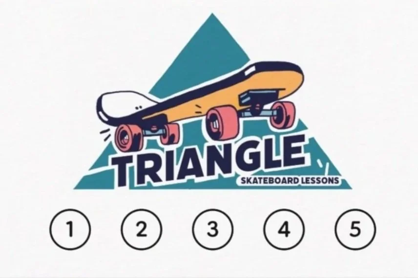 Logo for Triangle Skateboard Lessons featuring a skateboard above the word 'TRIANGLE' with a blue triangle background, and the words 'SKATEBOARD LESSONS' underneath. Numbered options from 1 to 5 below the logo.