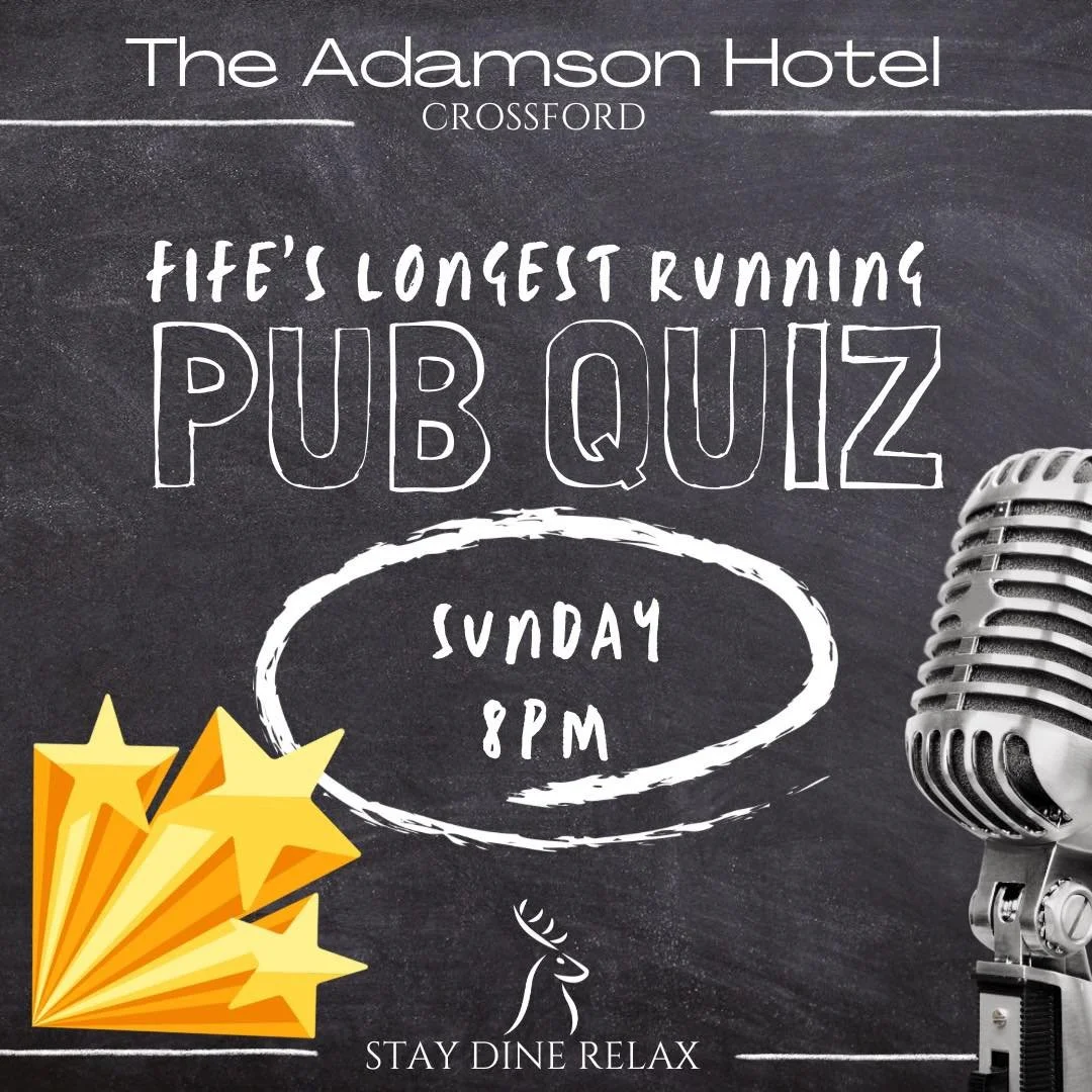 Fifes Longest Running Pub Quiz !

Make the weekend last just a little bit longer with our Sunday Quiz Night at The Adamson Hotel 🏨

🕗 8PM start
🎁 Fun prizes to be won
🧠 New teams (with great names!) always welcome

Gather your mates, bring your b