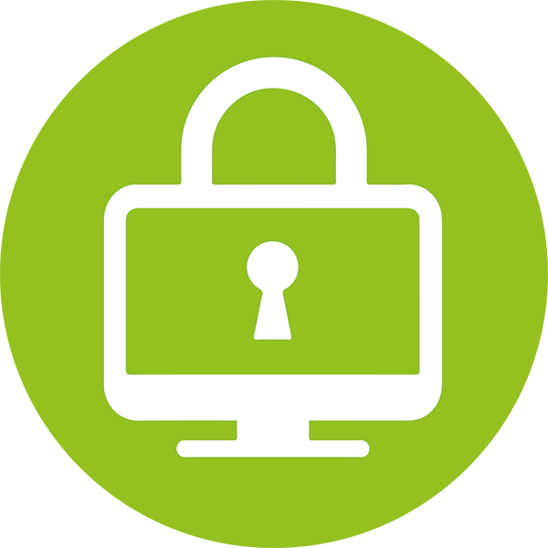 Icon eines Vorhängeschlosses über einem Computerbildschirm auf grünem Hintergrund, symbolisierend Computersicherheit.