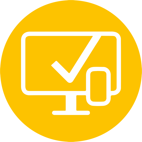 Gelbes Icon eines Computerbildschirms mit einem weißen Häkchen.