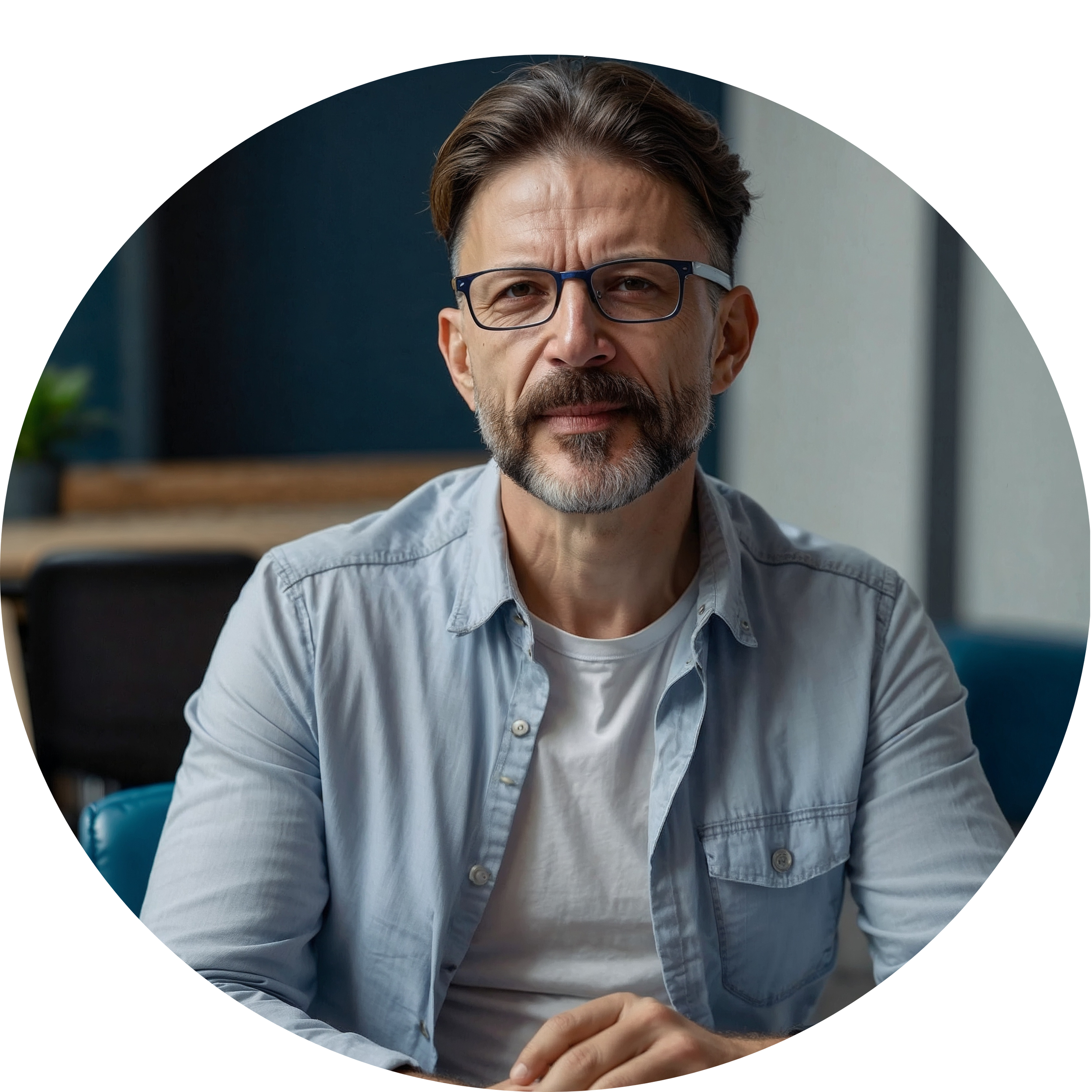 Mann mit Brille in Freizeitkleidung.
