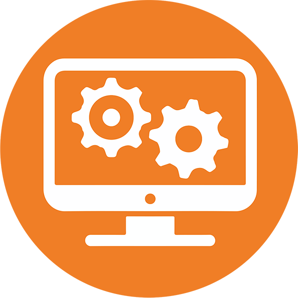 Symbol für Computereinstellungen mit Zahnrädern auf einem Bildschirm auf orangefarbenem Hintergrund.