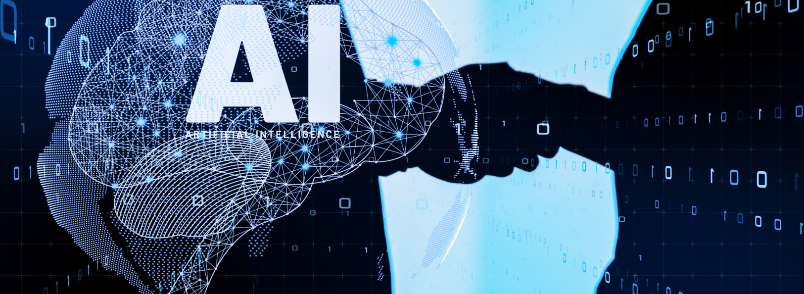 Digitales Bild mit dem Text "AI" und dem Wort "Artificial Intelligence", dargestellt durch eine stilisierte Silhouette eines menschlichen Kopfes und eine digitale Netzwerkstruktur in Blau und Schwarz.