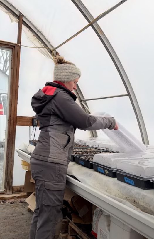 Jenny Marks seeding flower trays inside a winter greenhouse, planning early season crops and marketing for a profitable, sustainable flower farming business.