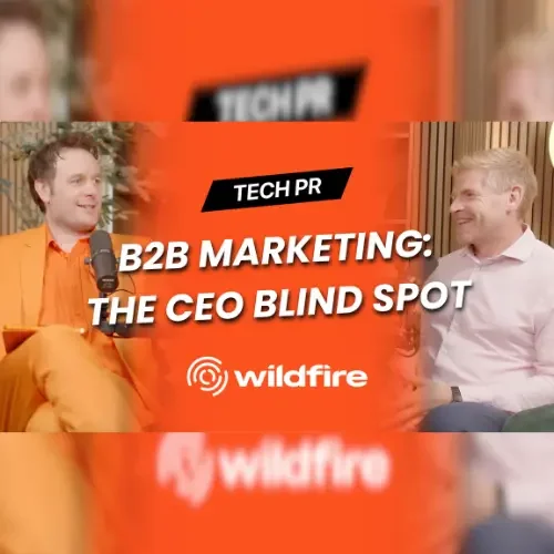 Two men talking in a podcast with the title 'B2B Marketing: The CEO Blind Spot'.