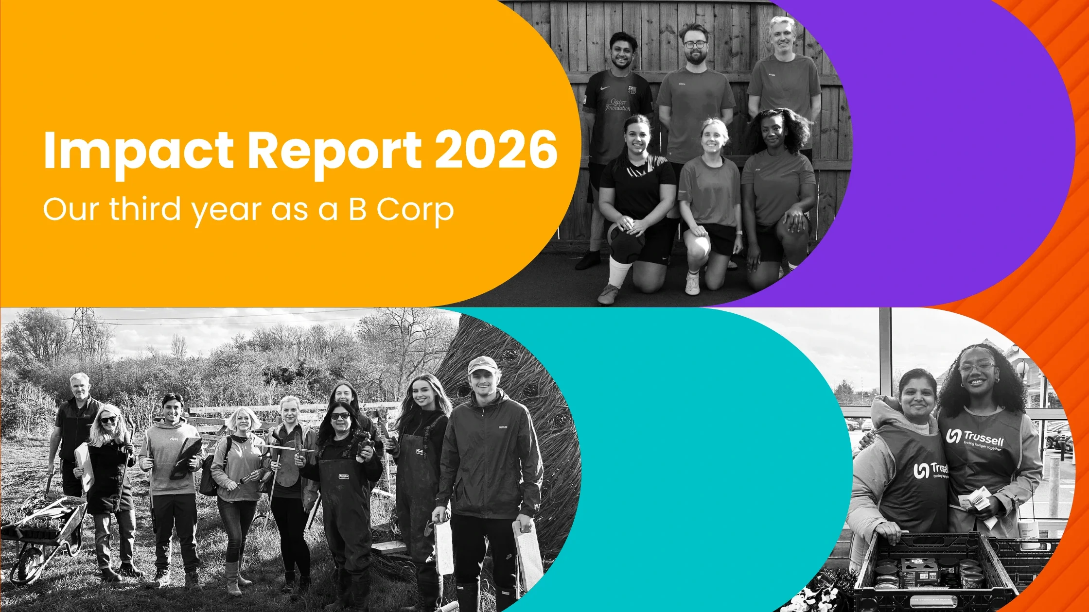Wildfire Impact Report 2026 graphic featuring photos of Wildfire team members volunteering, with the text ‘Our third year as a B Corp’.