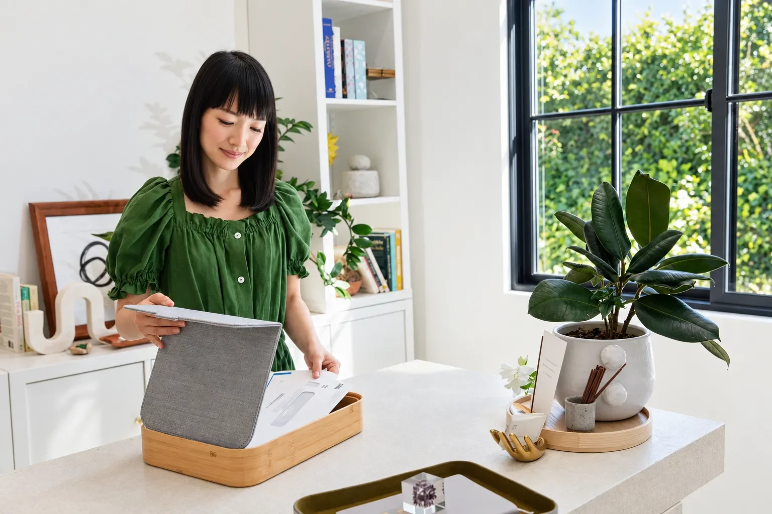Epson x Marie Kondo. Photo of Marie Kondo using Epson projector.