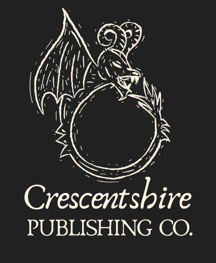 Crescentshire Publishing Co. logo with hand drawn linocut dragon ouroborus.