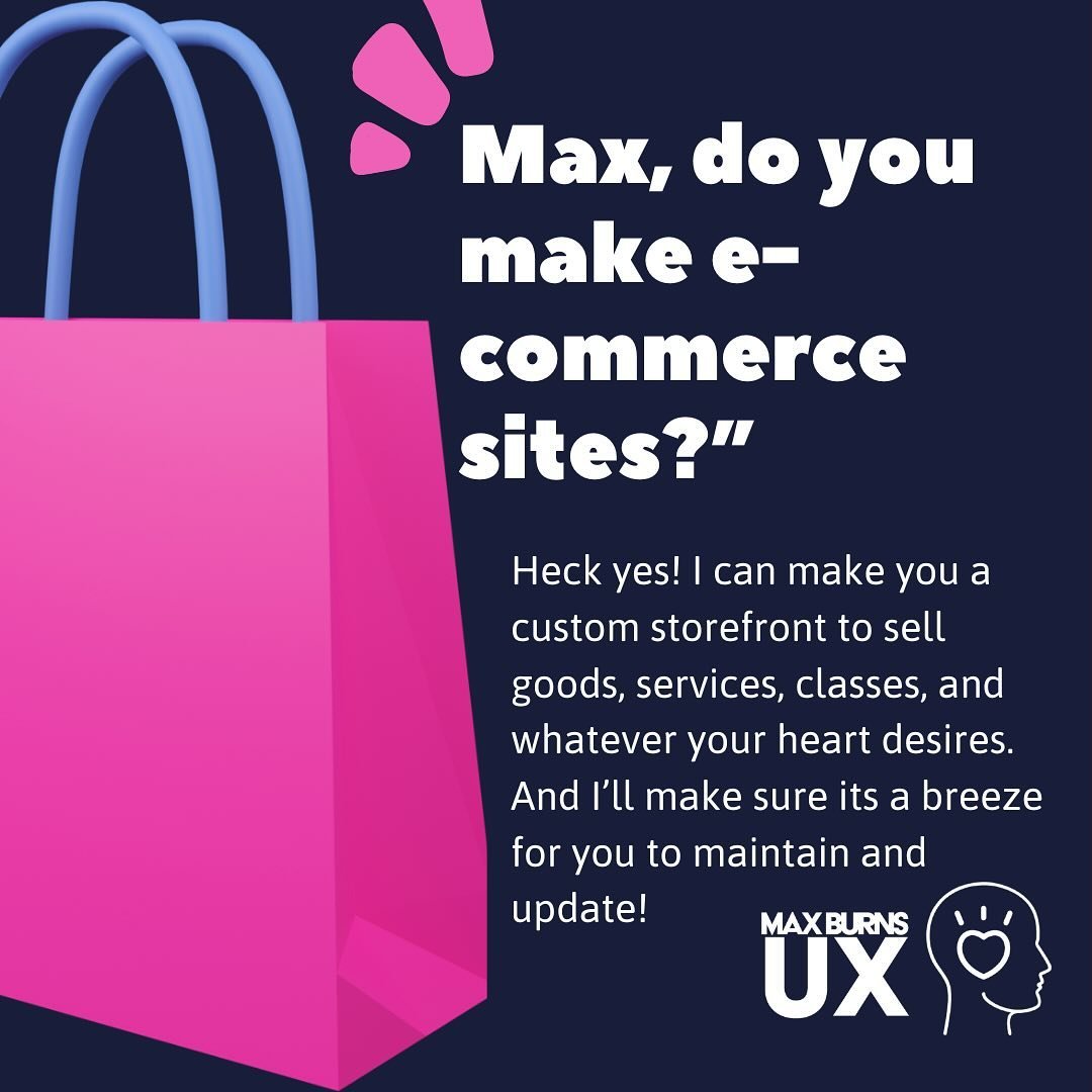 Bring on the online shopping! 🛍️🤓

#KindDesign #SmallBusinessSupport #AccessibleWebsites #QueerWebDesign #ICanMakeThat

Alt text: &ldquo;Max, do you make e-commerce sites?&rdquo; Heck yes! I can make you a custom storefront to sell goods, services,